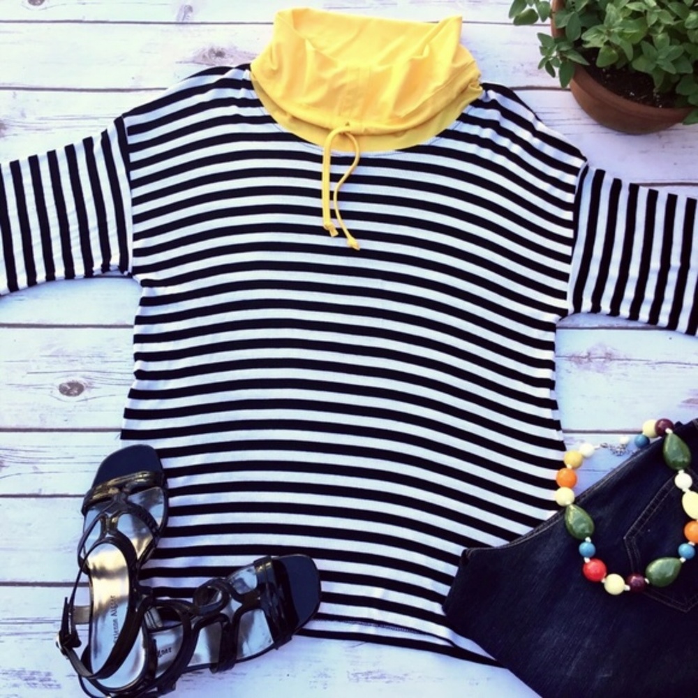 Striped Short Sleeve Yellow Cowl Neck Top
